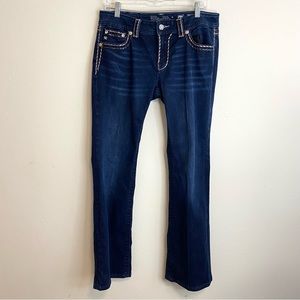 Miss Me Mid Rise Boot Jeans Metallic Stitch Dark Wash Blue Size 31